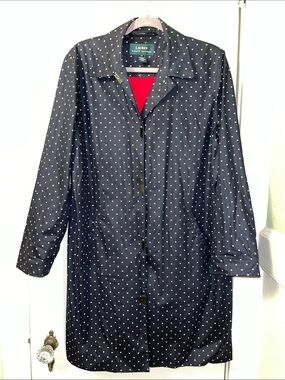 Lauren Ralph Lauren Navy Polka Dot Lightweight Coat with Red Lining